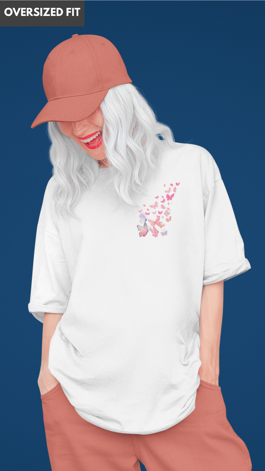 Butterfly print white oversized women t-shirt