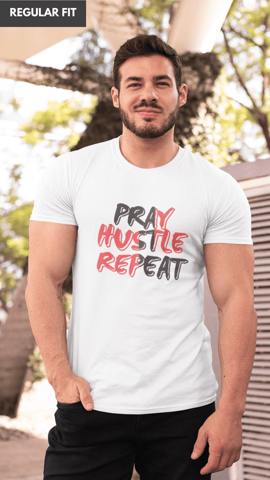 Pray hustle repeat motivation quote white tshirt for men