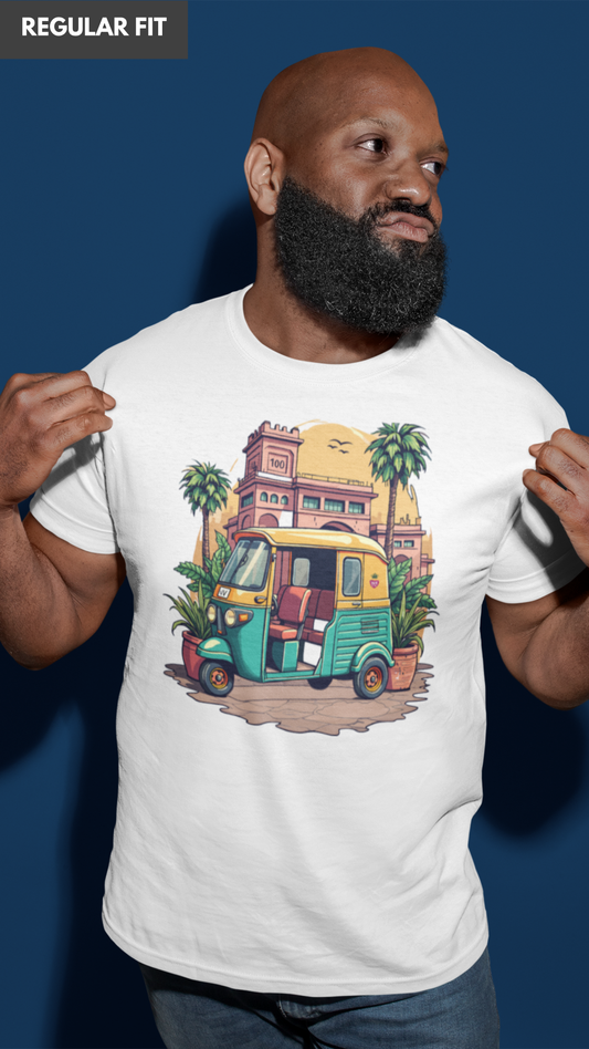 Autorickshaw Indian traditional house white Tshirt for men