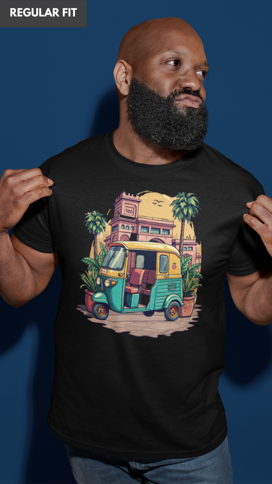 Autorickshaw Indian traditional house black Tshirt for men