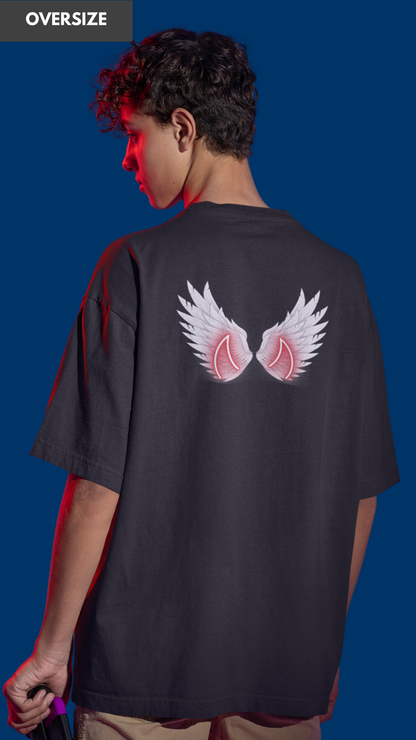 Angel wing devil horn oversized black tshirt for men