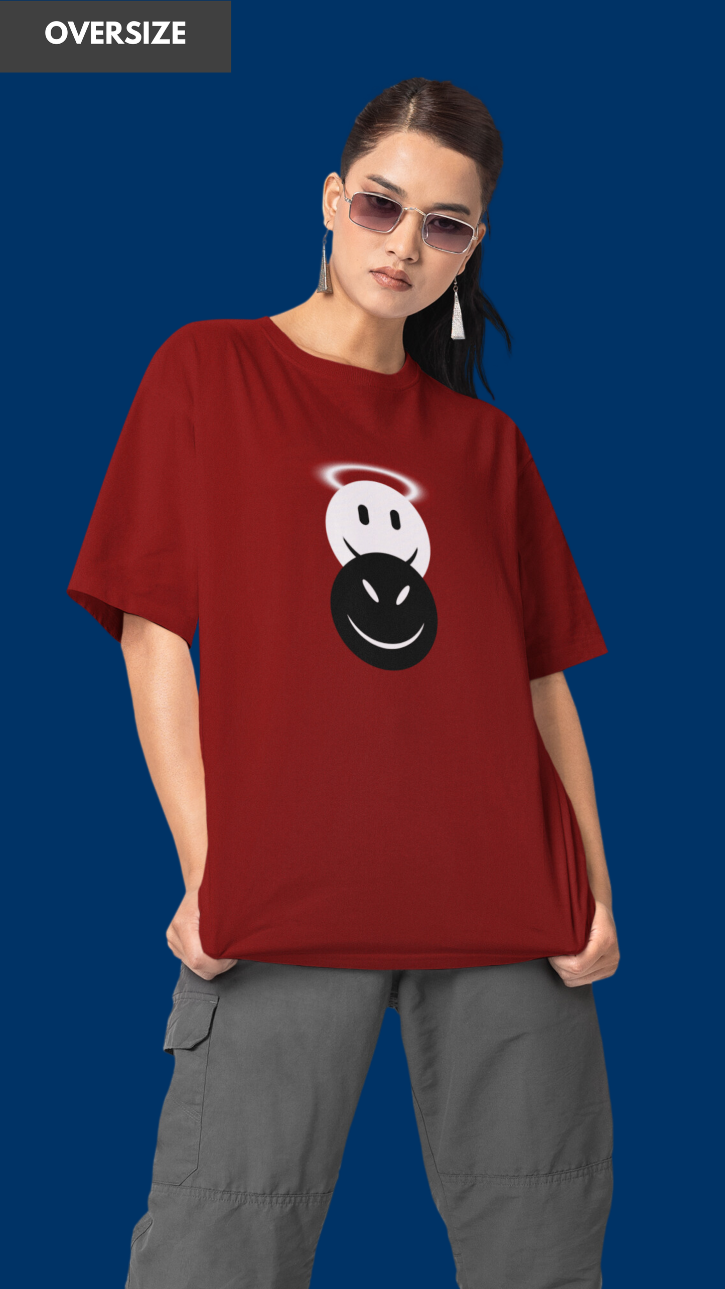 Angel & devil smiley oversized maroon tshirt for women