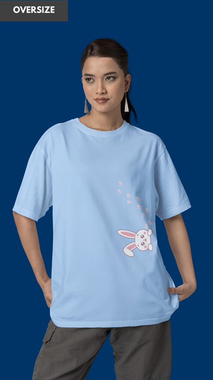 Rabbit with footmark oversized baby blue tshirt for women