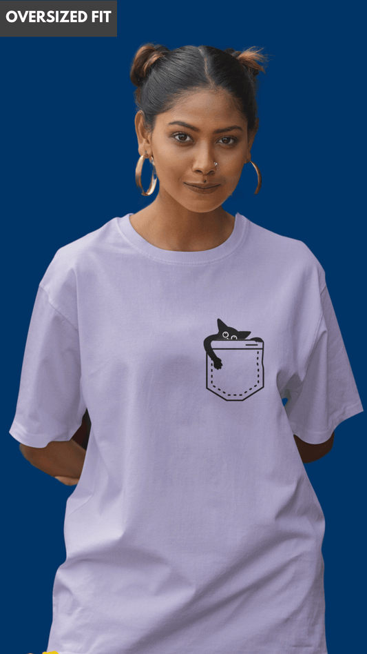 Cat in pocket oversized lavender tshirt for women