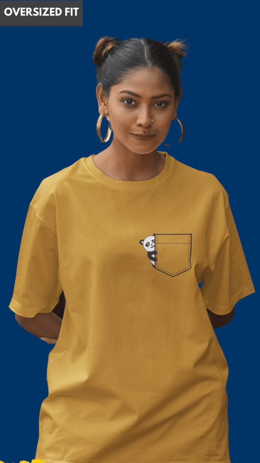 Panda in pocket oversized mustard yellow tshirt for women